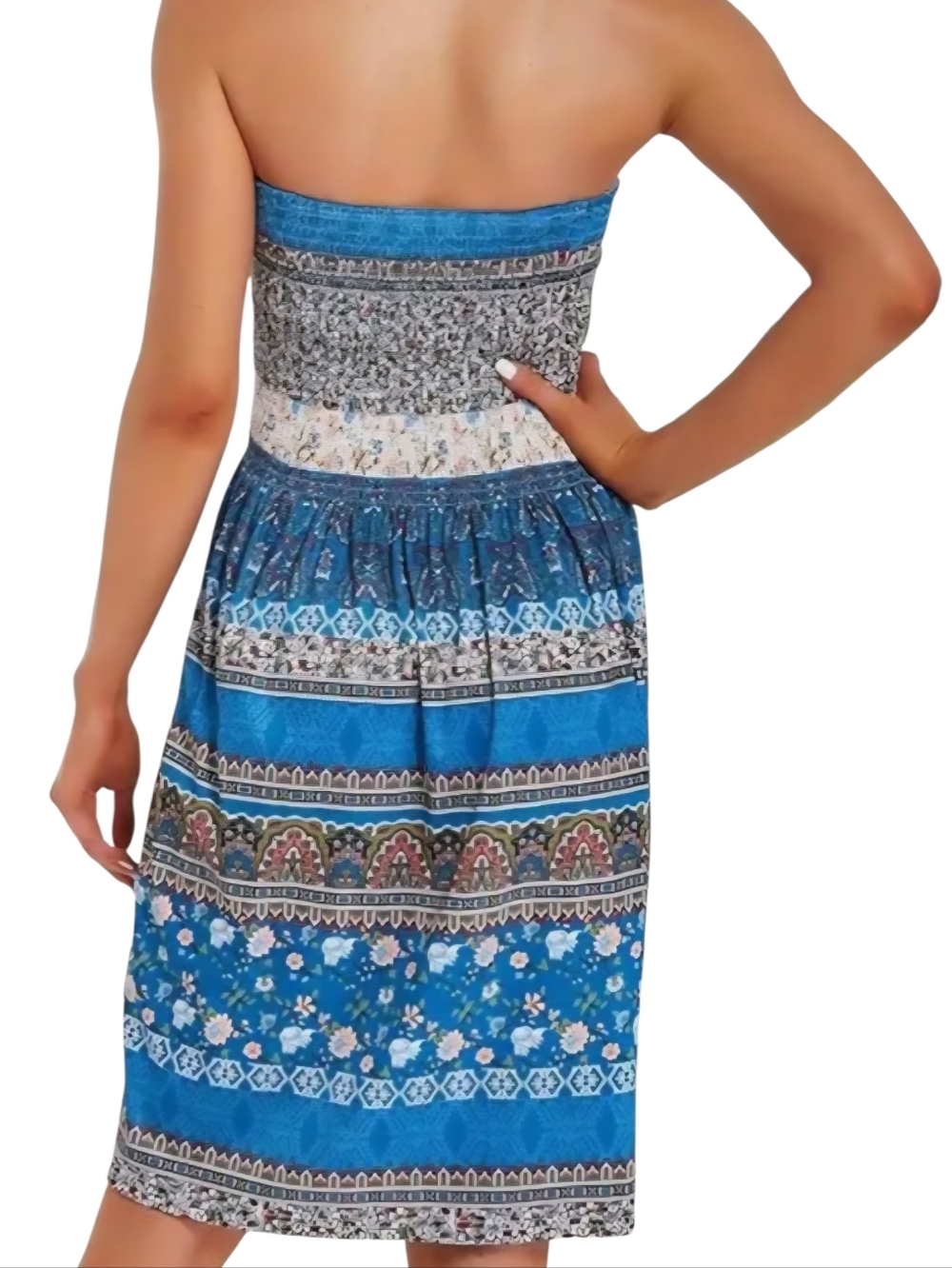 Blue Strapless Floral Boho Print Smocked Sundress. XL - Picture 2 of 10